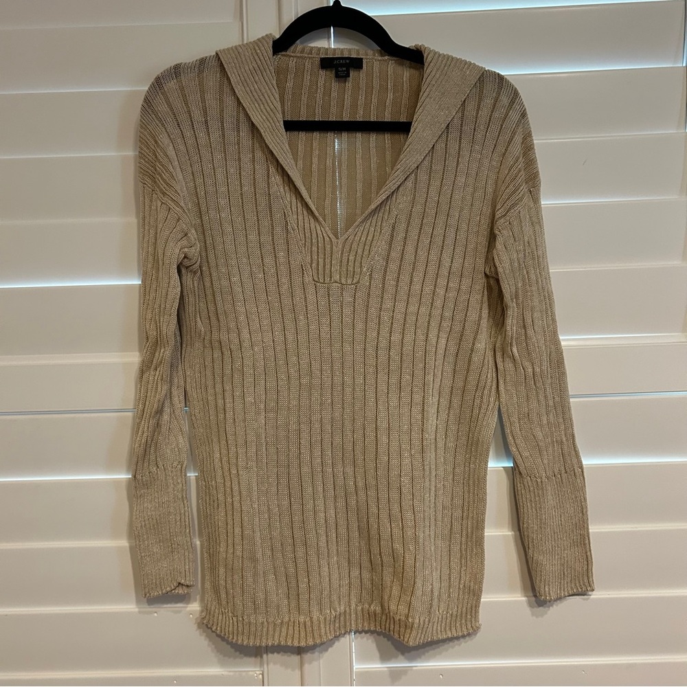 J Crew Ribbed Linen Blend Polo Style Sweater Camel Tan Size Small Medium